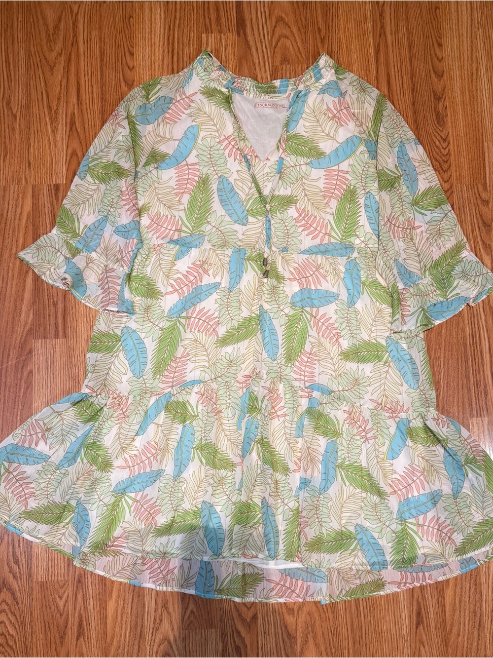 ESQUALO White Midi Dress with Blue and Green Leaf Print